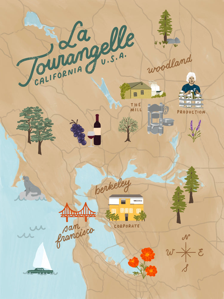 La Tourangelle Illustrated Northern California Map SF Berkeley Woodland Poster 18 x 24