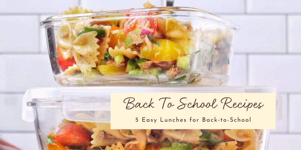 Walnut Oil Pasta Salad stacked in containers with a text banner that says 'Back To School Recipes: 5 Easy Lunches for Back-to-School'