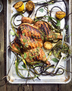 Spatchcock Brick-grilled Chicken with Scapes and Garden Herb Sauce