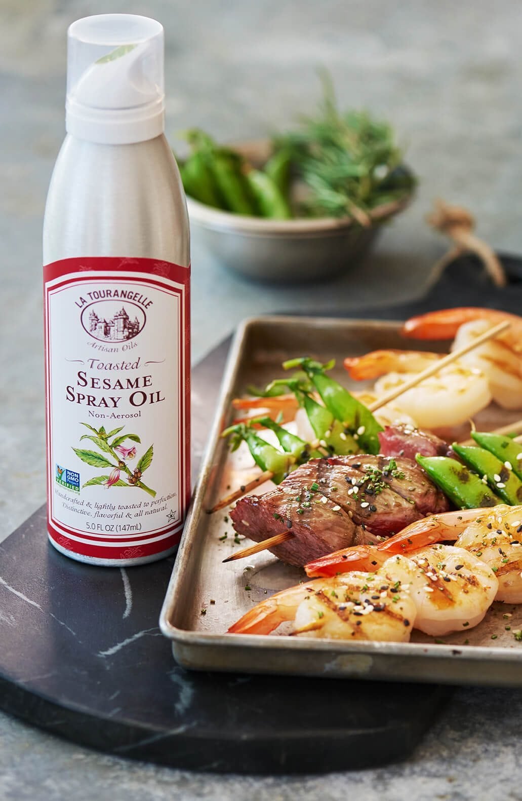 Flankstek & räkor med asiatisk sesammarinad