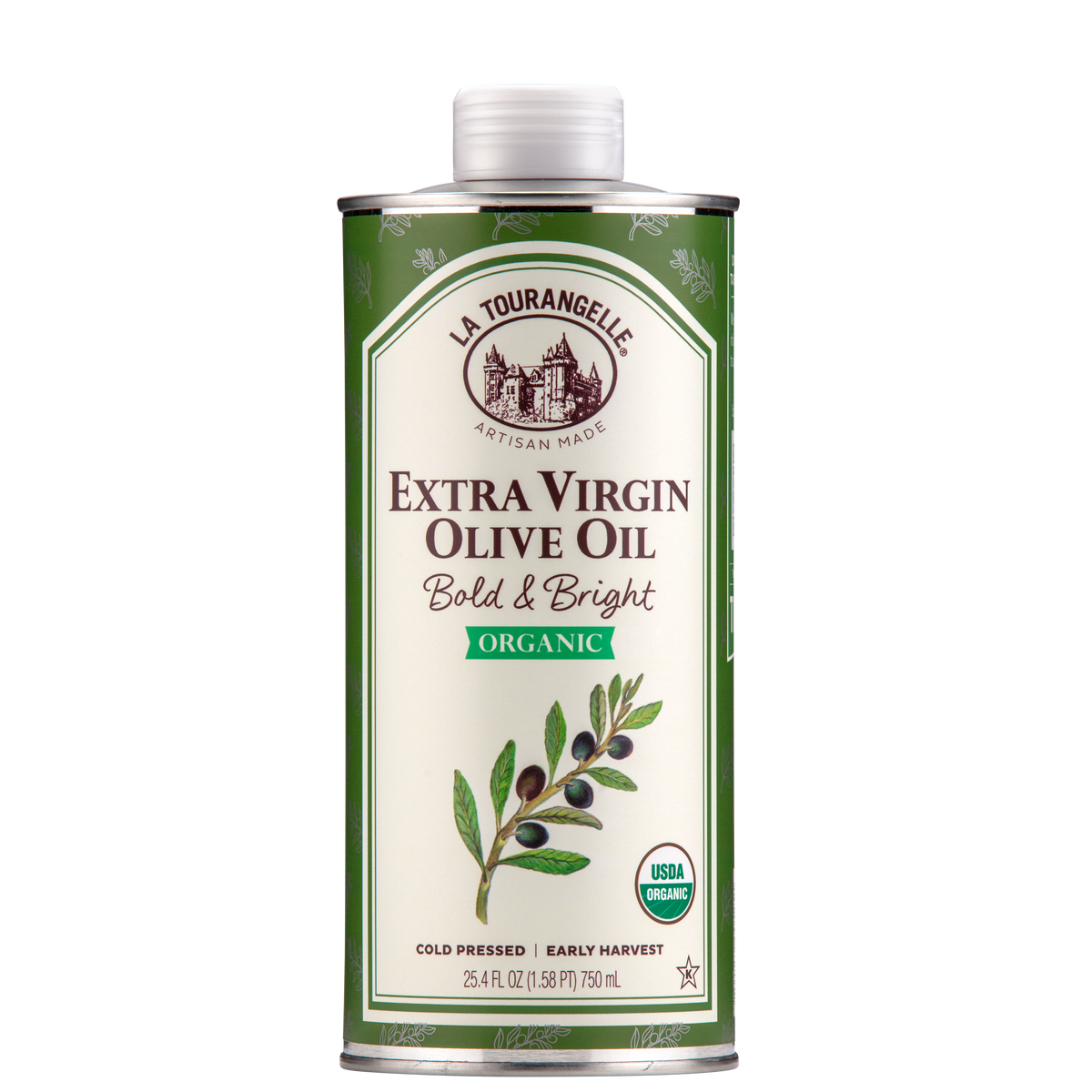 A 750 mL can of La Tourangelle Organic Bold & Bright Extra Virgin Olive Oil, featuring a green and cream label with an illustration of an olive branch and a white cap.