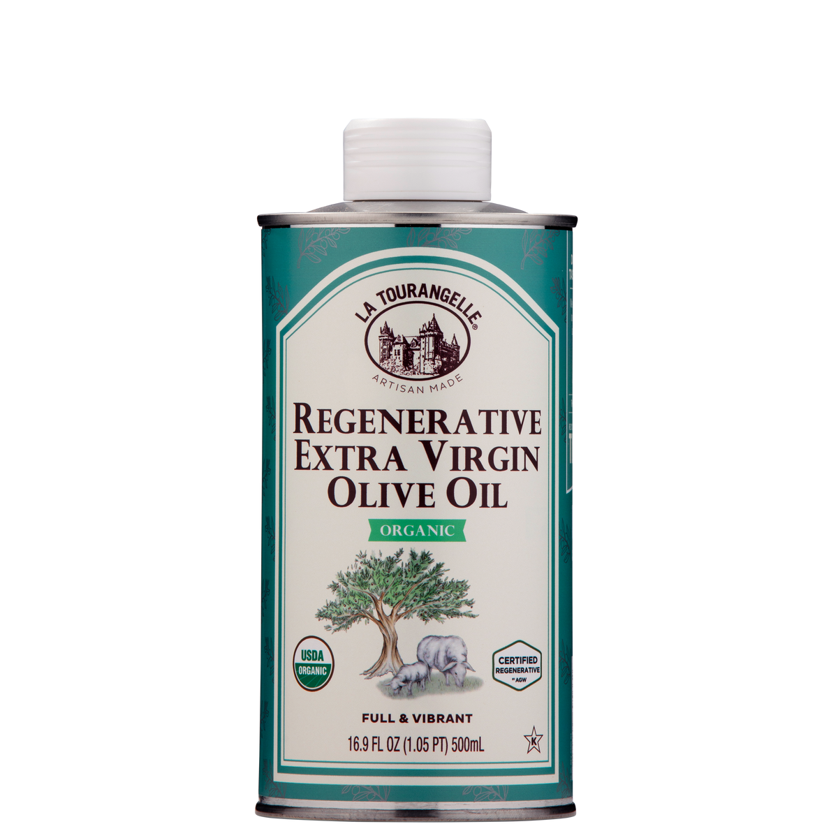 A 16.9 fl oz can of La Tourangelle Regenerative Extra Virgin Olive Oil Organic, featuring a teal and cream label.