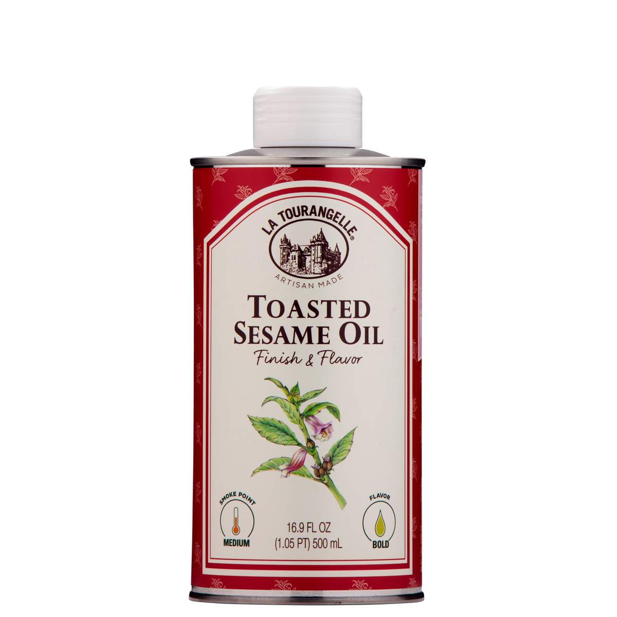 A 16.9 fl oz can of La Tourangelle Toasted Sesame Oil, Finish & Flavor, featuring a red and cream label with a white cap. It has a medium smoke point and bold flavor.