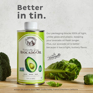 La Tourangelle's naturally green Avocado Oil is better in tin because it blocks 100% of light, unlike glass or plastic.