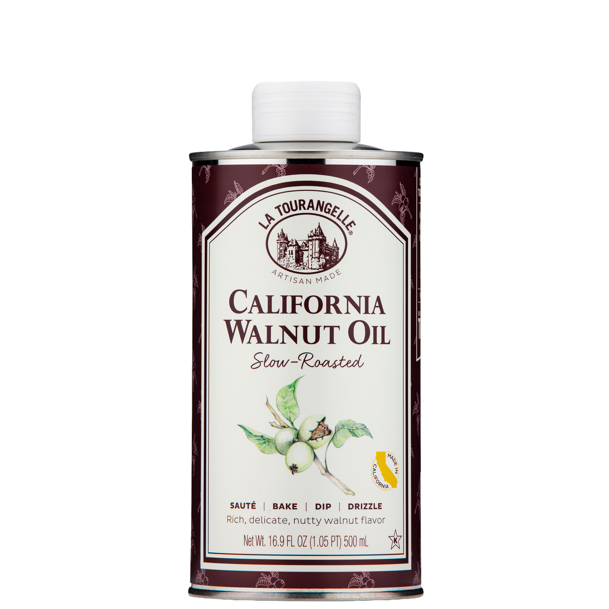 A 16.9 fl oz can of La Tourangelle California Walnut Oil, Slow-Roasted, with a white cap and a cream label featuring a burgundy border and an illustration of a walnut branch.